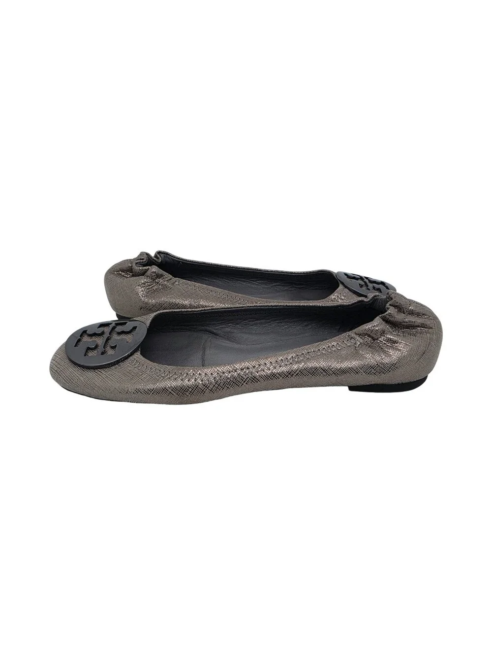 Tory Burch Reva Ballet Flats Pewter Metallic Textured Leather Size 5.5